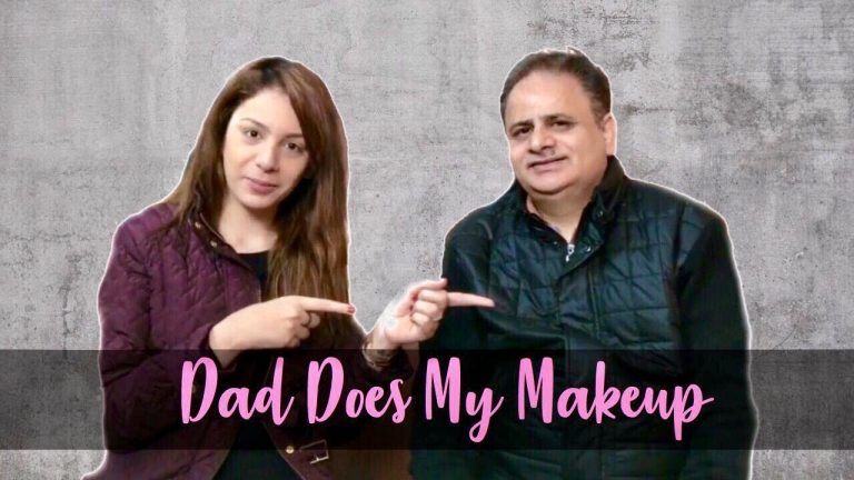 Nitibha Kaul and her dad in a Dad Does My Makeup video thumbnail