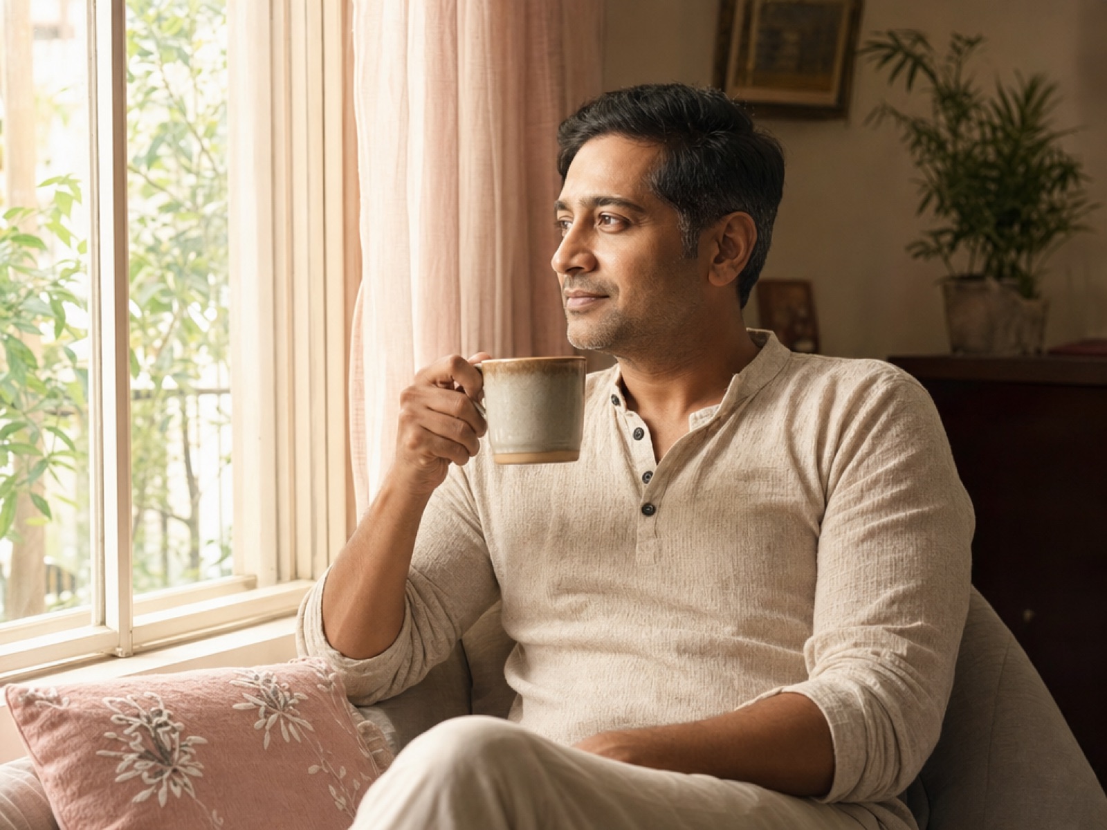 Man relaxing with a cup of chai by a sunlit window at home