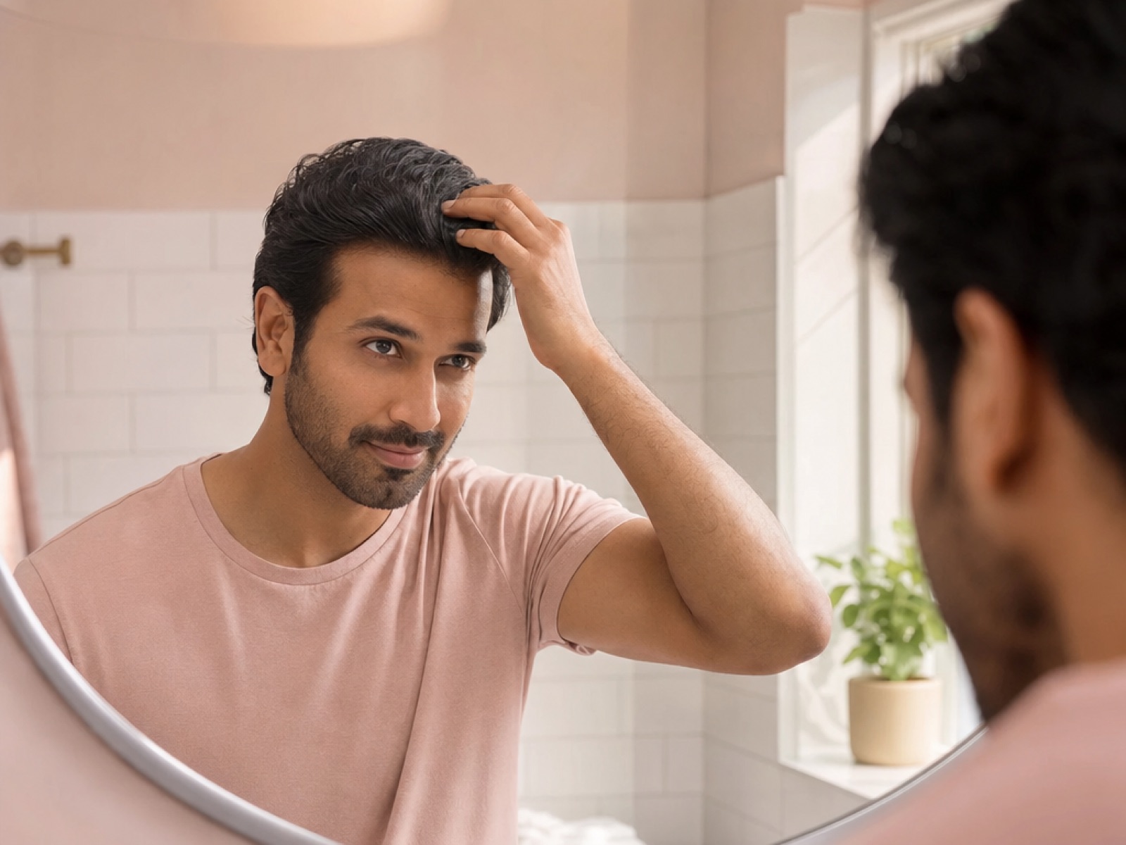 Man styling his dry, freshly combed hair at a bathroom mirror
