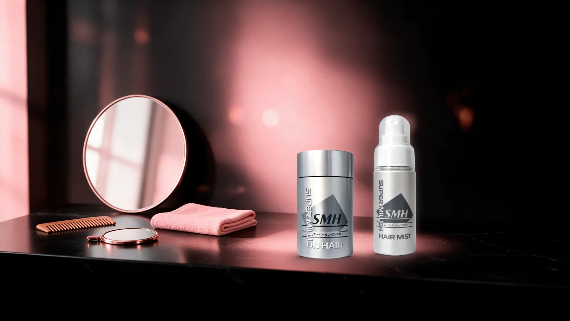 Super Million Hair fibers canister and Hard Hair Mist on a dark marble vanity with a mirror, comb and towel