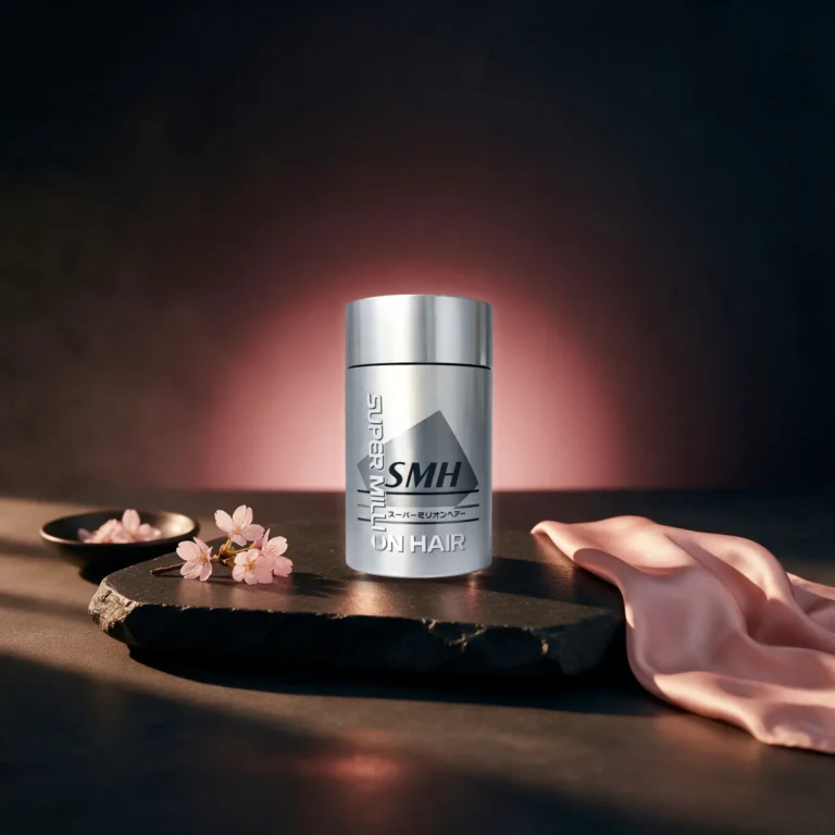 Super Million Hair hair building fibers silver canister on a dark stone tray with pink silk and blossoms