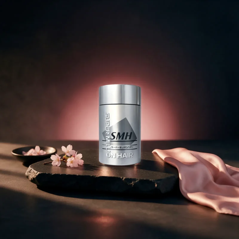Super Million Hair hair building fibers silver canister on a dark stone tray with pink silk and blossoms