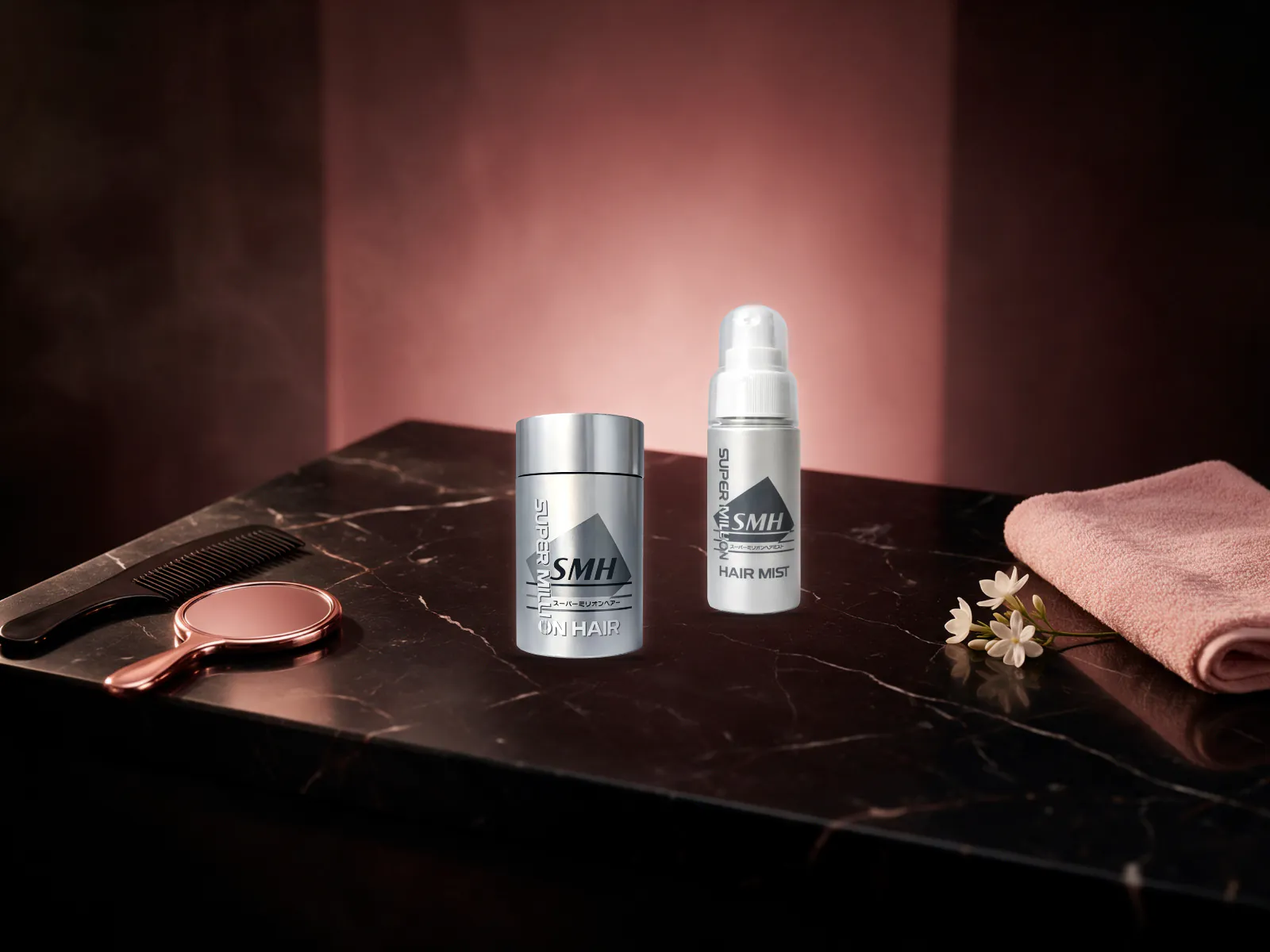 Super Million Hair fibers canister and Hard Hair Mist 60 ml bottle on a marble dressing table