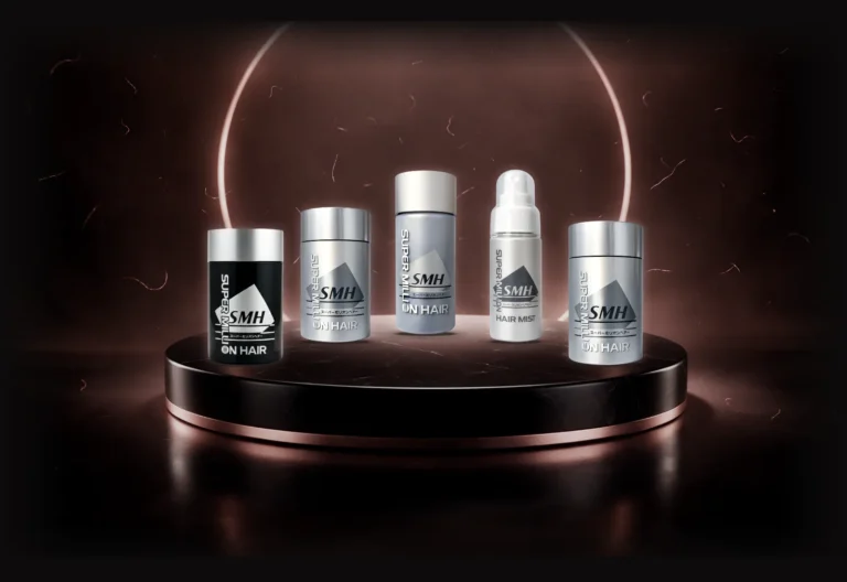 Super Million Hair fibers canisters and Hard Hair Mist on a dark display
